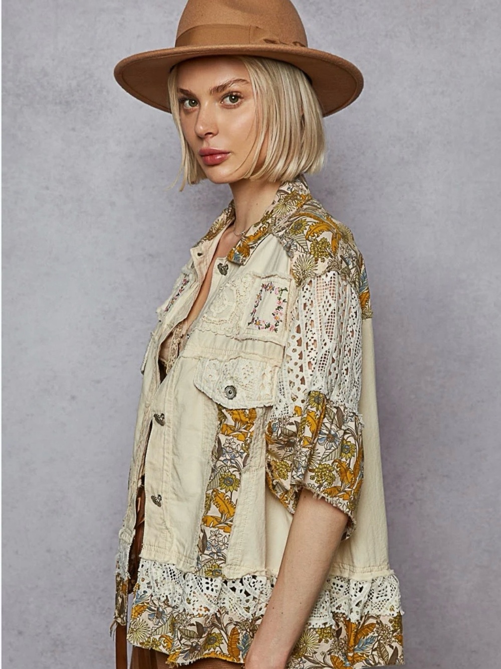 POL Boho Lace Patch Jacket Cream & Floral